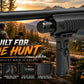 A black shotgun with a textured foregrip and adjustable stock, shown prominently over a forest hunting scene. Large text reads 'BUILT FOR THE HUNT' with feature callouts along the bottom and right side.