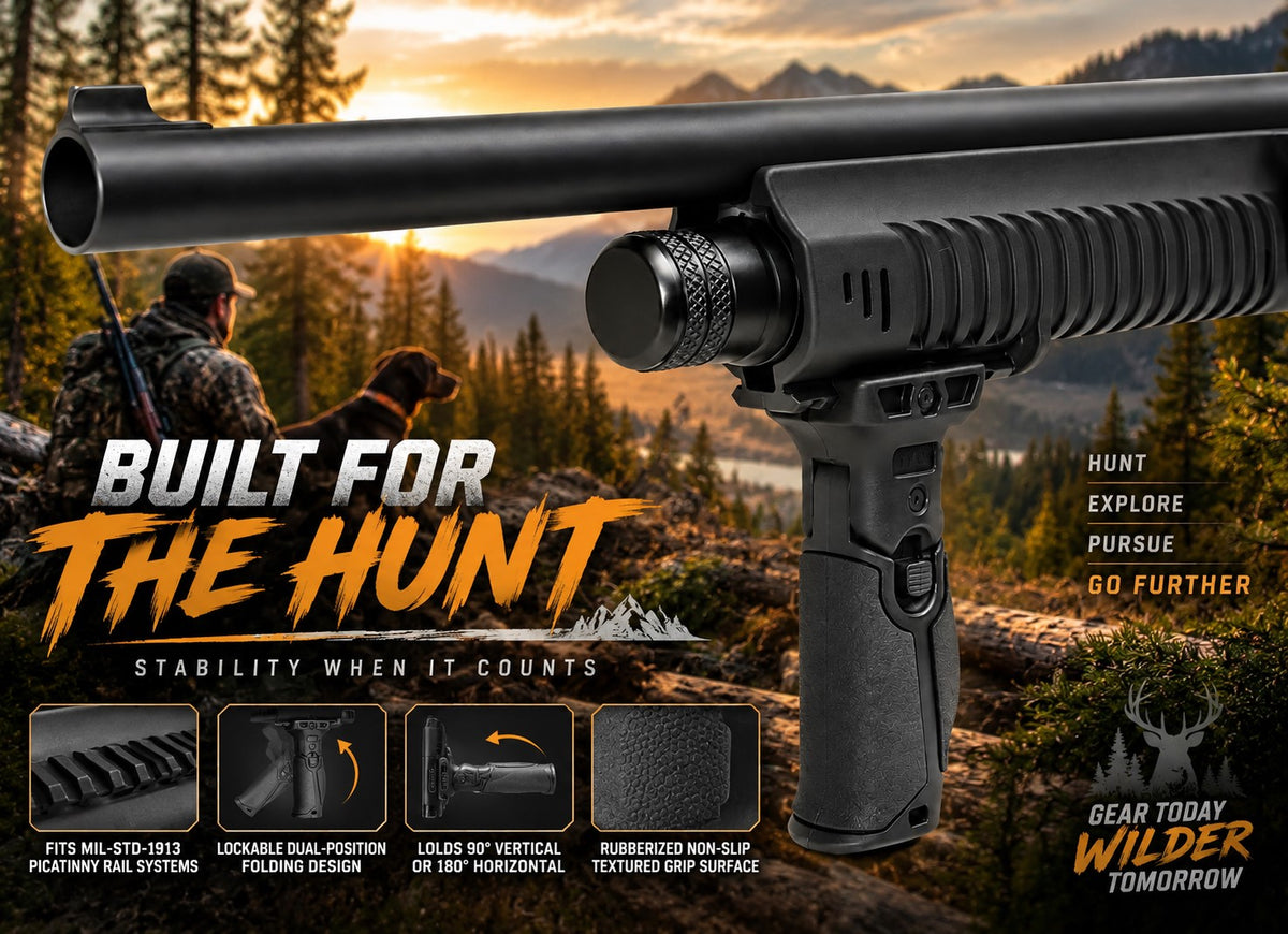 A black shotgun with a textured foregrip and adjustable stock, shown prominently over a forest hunting scene. Large text reads 'BUILT FOR THE HUNT' with feature callouts along the bottom and right side.