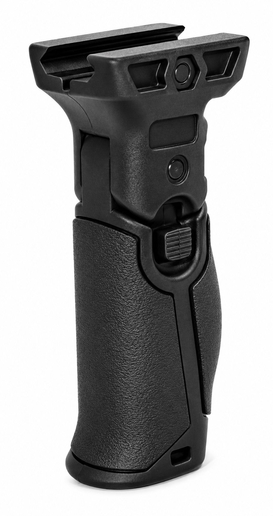 A black textured polymer tactical handguard grip with a quick-release latch mechanism, shown on a solid white background.