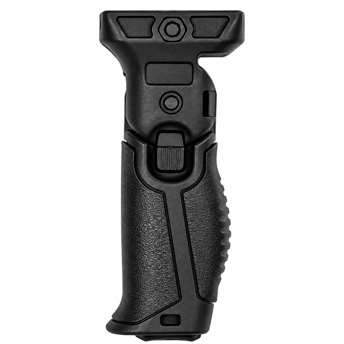 A black tactical pistol grip accessory with a textured grip and molded controls, shown vertically on a plain white background.