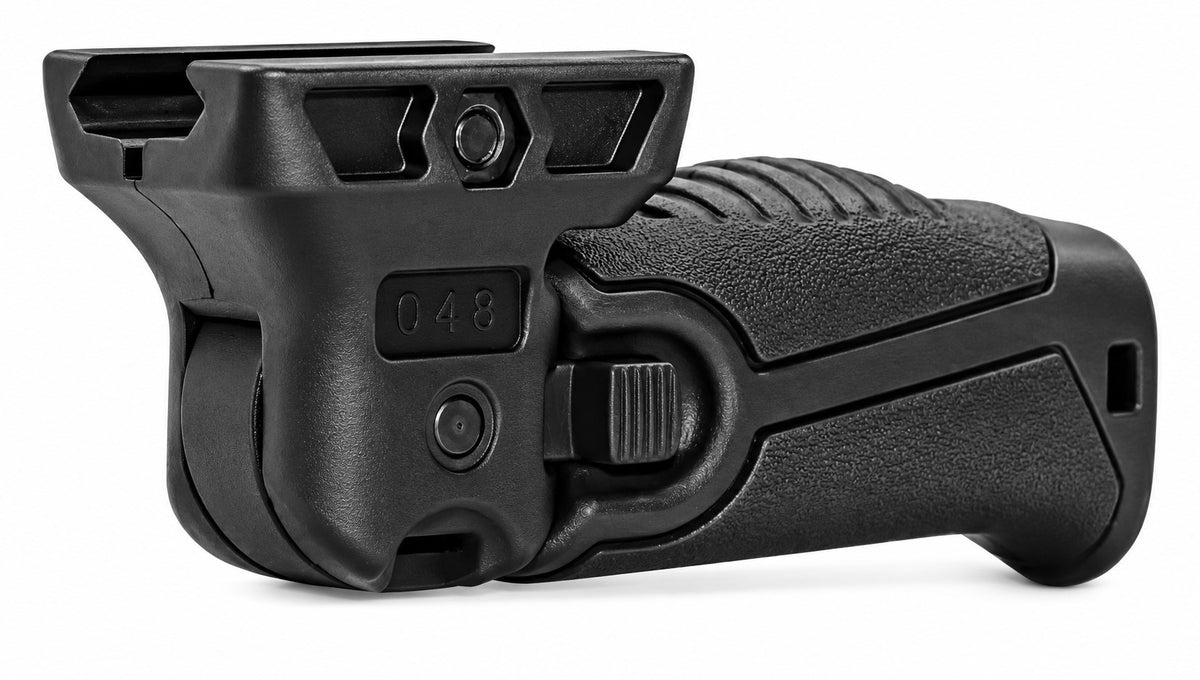 A black textured polymer tactical device grip or handle attachment, shown from a side profile view on a plain white background.