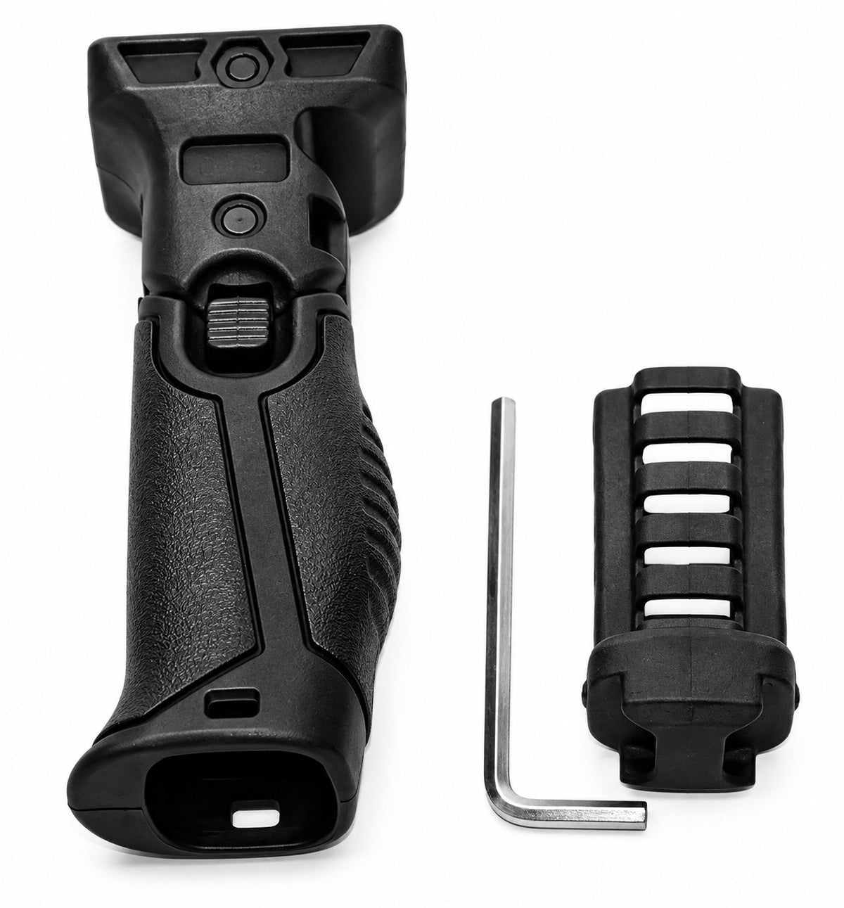 A black tactical pistol grip with a textured rubberized handle, shown alongside a black quick-release rail attachment and a silver hex wrench on a white background.