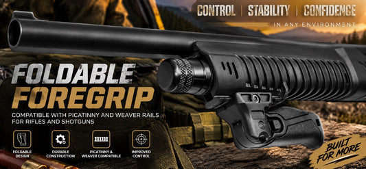 Black foldable foregrip accessory for rifles and shotguns, shown mounted on a shotgun barrel against a blurred outdoor background with promotional text.