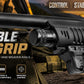 Black foldable foregrip accessory for rifles and shotguns, shown mounted on a shotgun barrel against a blurred outdoor background with promotional text.