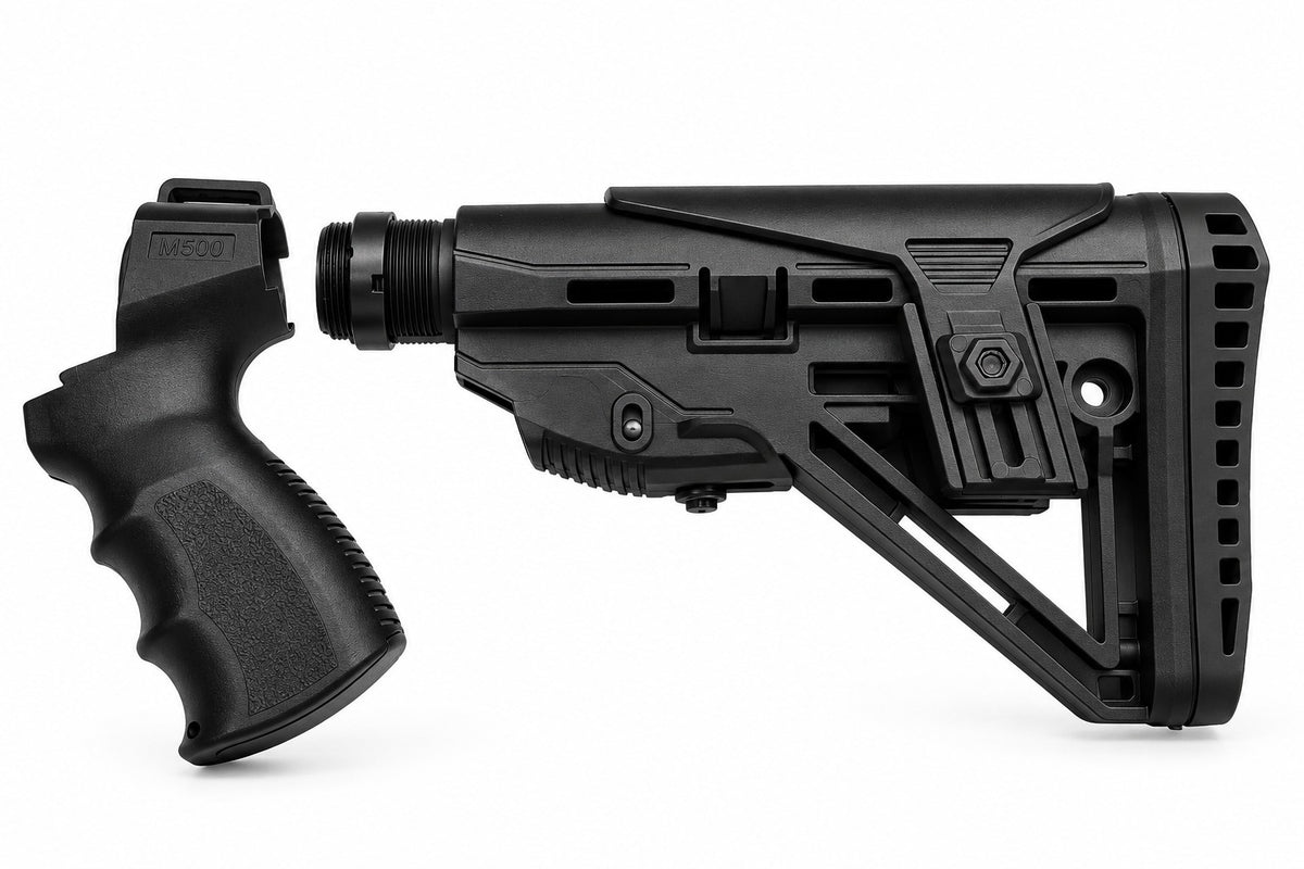 TRINITY Fury Style black 6-position adjustable stock for Mossberg 500 12 Gauge with ergonomic polymer grip, aluminum buffer tube, raised cheek support and rubber recoil pad.