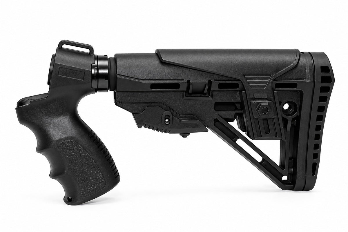 TRINITY Fury Style black 6-position adjustable stock for Mossberg 500 12 Gauge with ergonomic polymer grip, aluminum buffer tube, raised cheek support and rubber recoil pad.