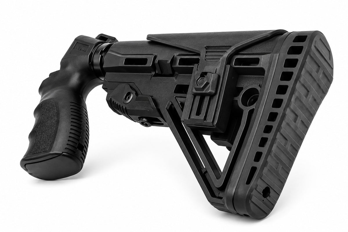 TRINITY Fury Style black 6-position adjustable stock for Mossberg 500 12 Gauge with ergonomic polymer grip, aluminum buffer tube, raised cheek support and rubber recoil pad.