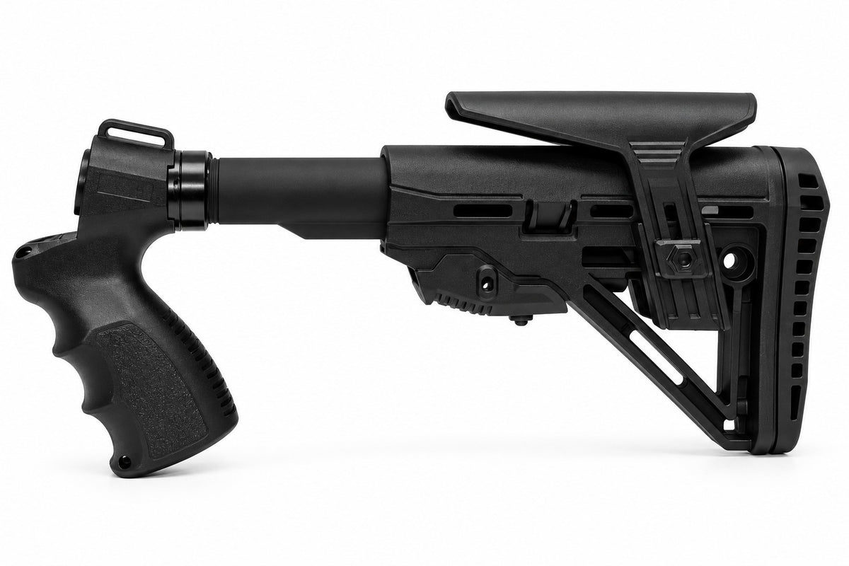 TRINITY Fury Style black 6-position adjustable stock for Mossberg 500 12 Gauge with ergonomic polymer grip, aluminum buffer tube, raised cheek support and rubber recoil pad.