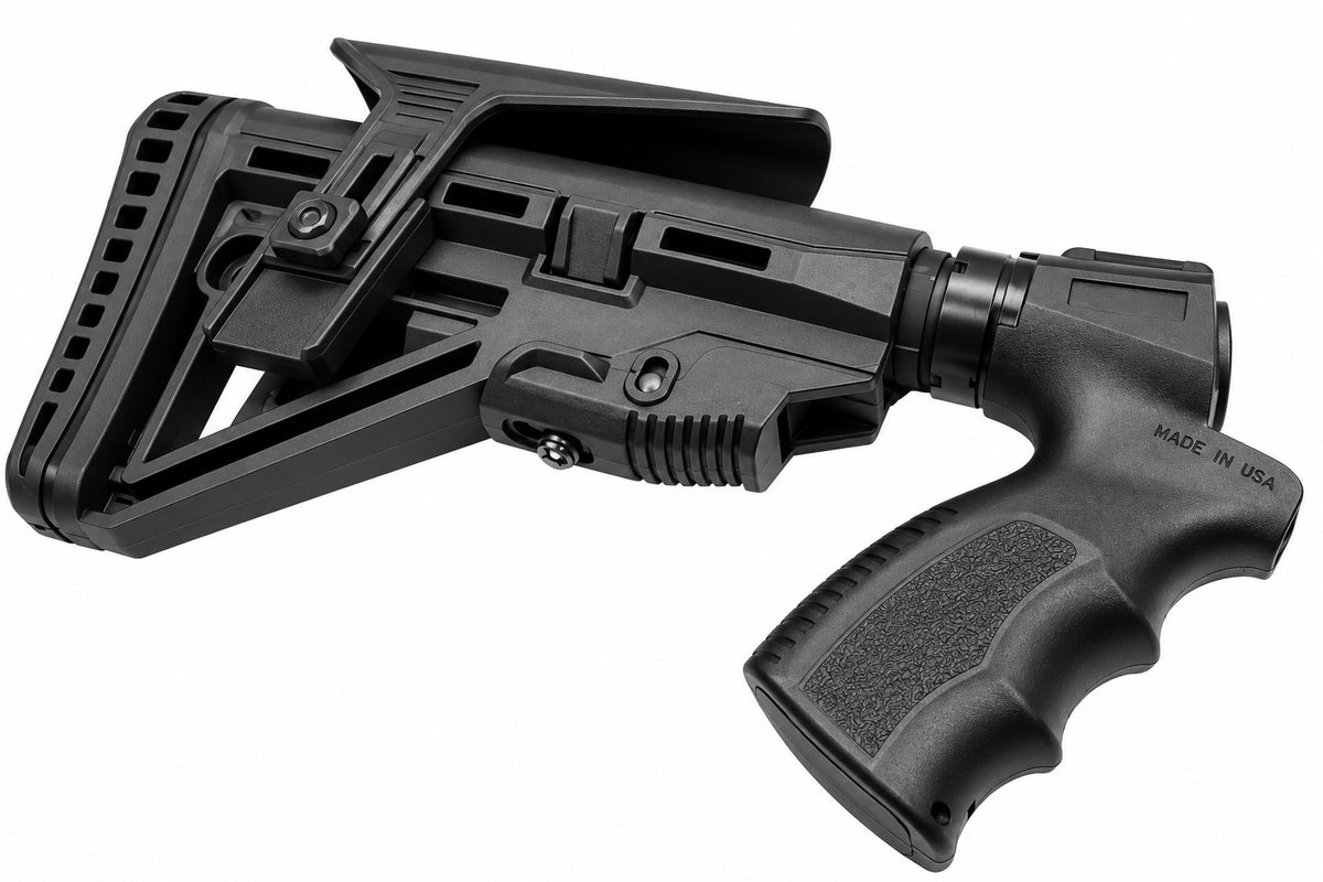 TRINITY Fury Style black 6-position adjustable stock for Mossberg 500 12 Gauge with ergonomic polymer grip, aluminum buffer tube, raised cheek support and rubber recoil pad.