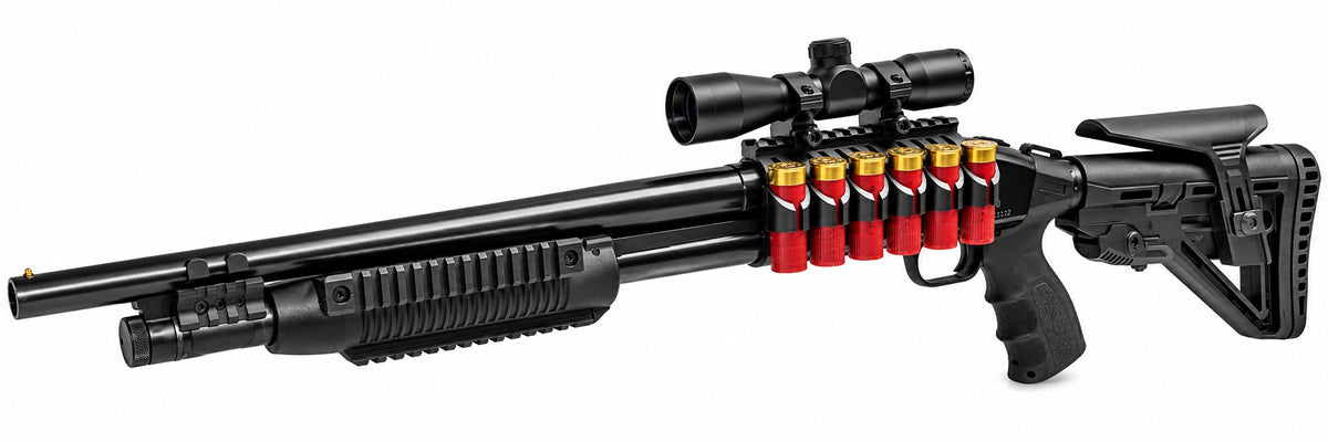 TRINITY Fury Style black 6-position adjustable stock for Mossberg 500 12 Gauge with ergonomic polymer grip, aluminum buffer tube, raised cheek support and rubber recoil pad.