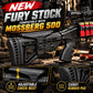 Black adjustable shotgun stock and pistol grip featuring 6-position collapsible design, nylon polymer grip, and compatibility with select Mossberg and Maverick 88 models.