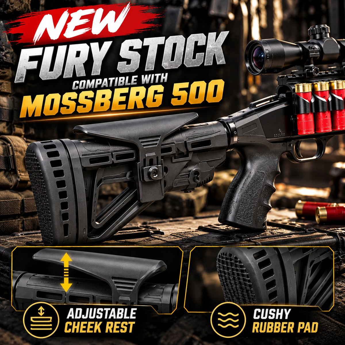 Black adjustable shotgun stock and pistol grip featuring 6-position collapsible design, nylon polymer grip, and compatibility with select Mossberg and Maverick 88 models.