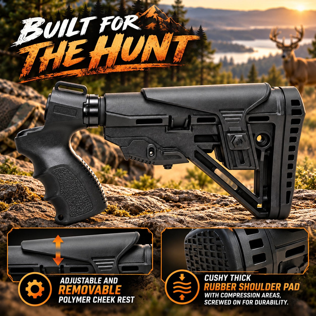Black adjustable shotgun stock and pistol grip featuring 6-position collapsible design, nylon polymer grip, and compatibility with select Mossberg and Maverick 88 models.