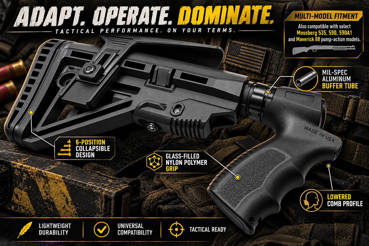 Black adjustable shotgun stock and pistol grip featuring 6-position collapsible design, nylon polymer grip, and compatibility with select Mossberg and Maverick 88 models.