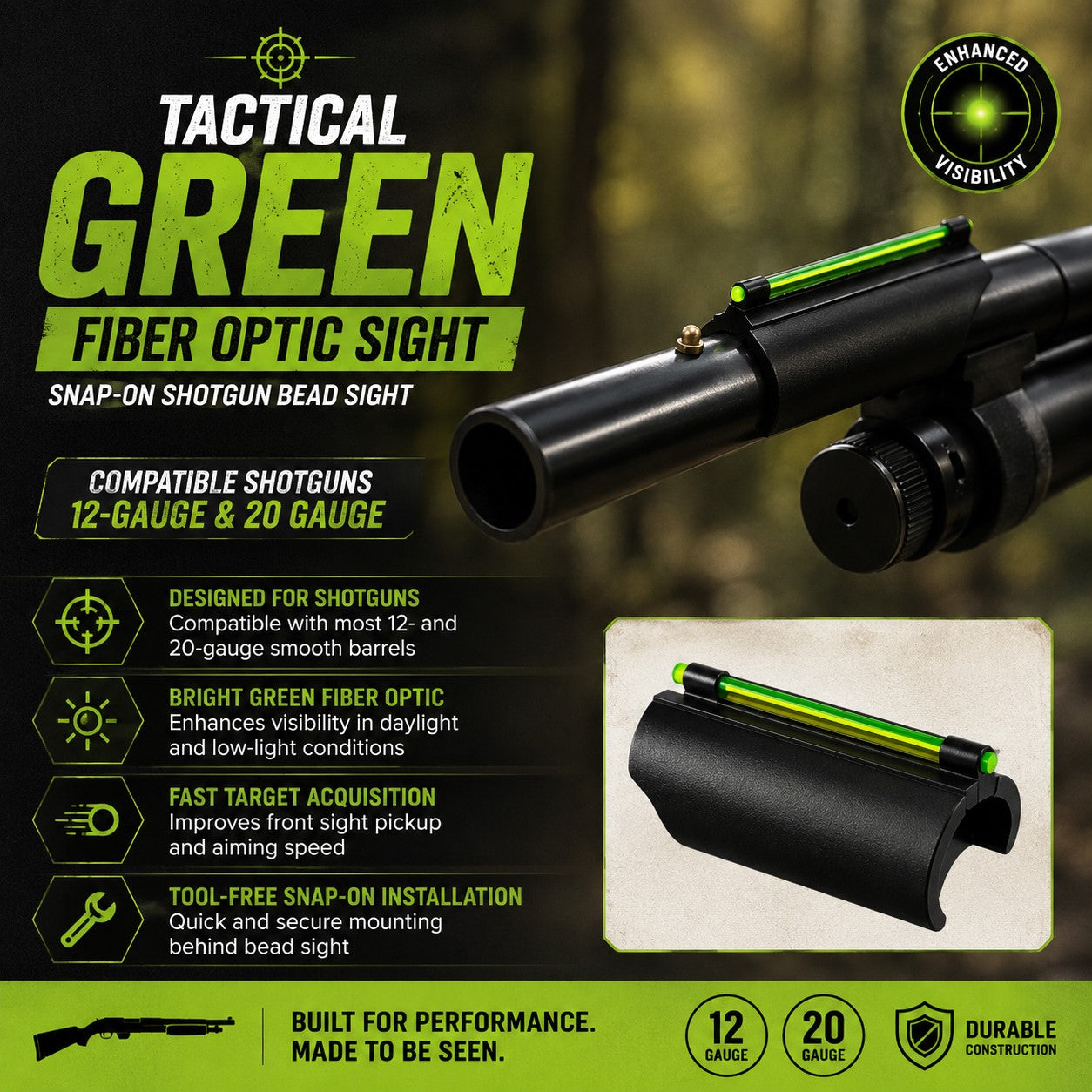 TRINITY Tactical Snap-On Fiber Optic Front Sight Compatible with 12 Gauge & 20 Gauge Shotguns – Low Light Bead Sight Upgrade