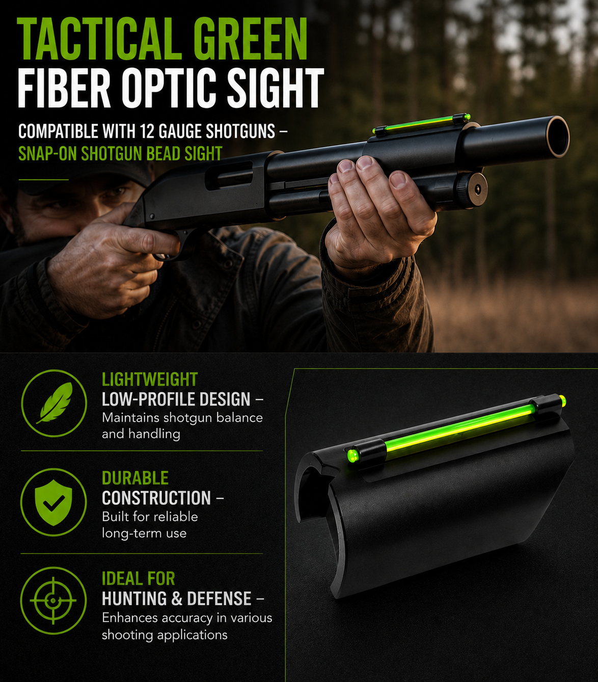 TRINITY Tactical Snap-On Fiber Optic Front Sight Compatible with 12 Gauge & 20 Gauge Shotguns – Low Light Bead Sight Upgrade