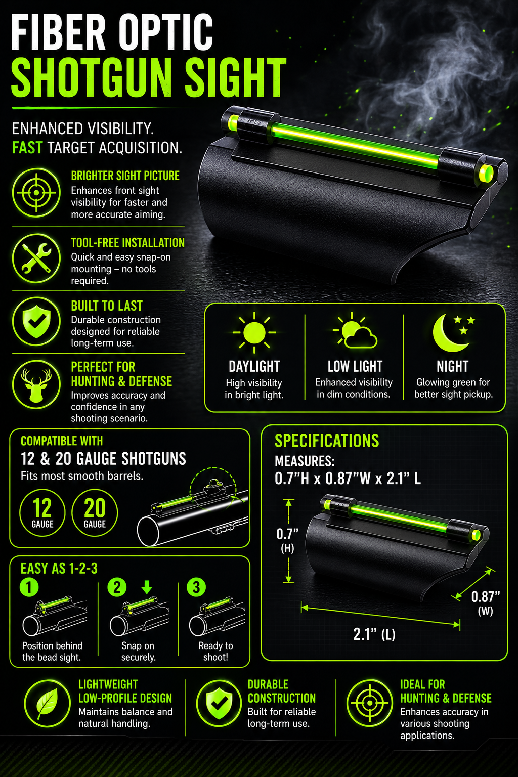 TRINITY Tactical Snap-On Fiber Optic Front Sight Compatible with 12 Gauge & 20 Gauge Shotguns – Low Light Bead Sight Upgrade