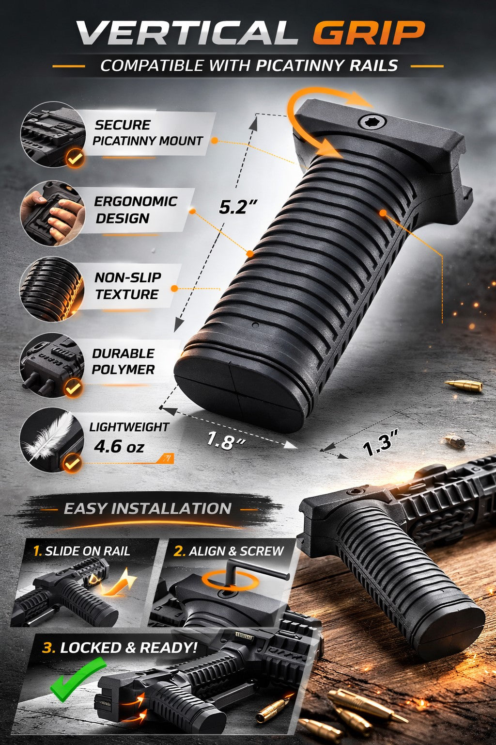 Tactical Vertical Foregrip with Storage for Black Aces FD12 Picatinny Rail Polymer Grip Black