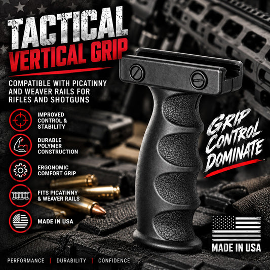 tactical vertical grip black for rifles and shotguns in a black background.