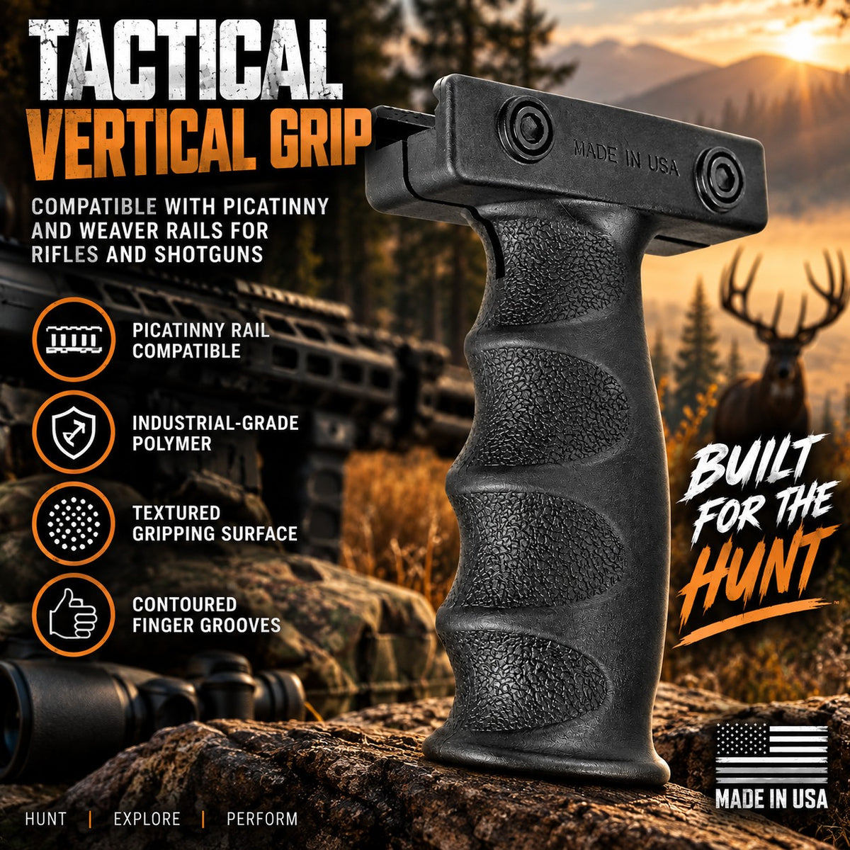 tactical vertical grip black for rifles and shotguns in a hunting background.