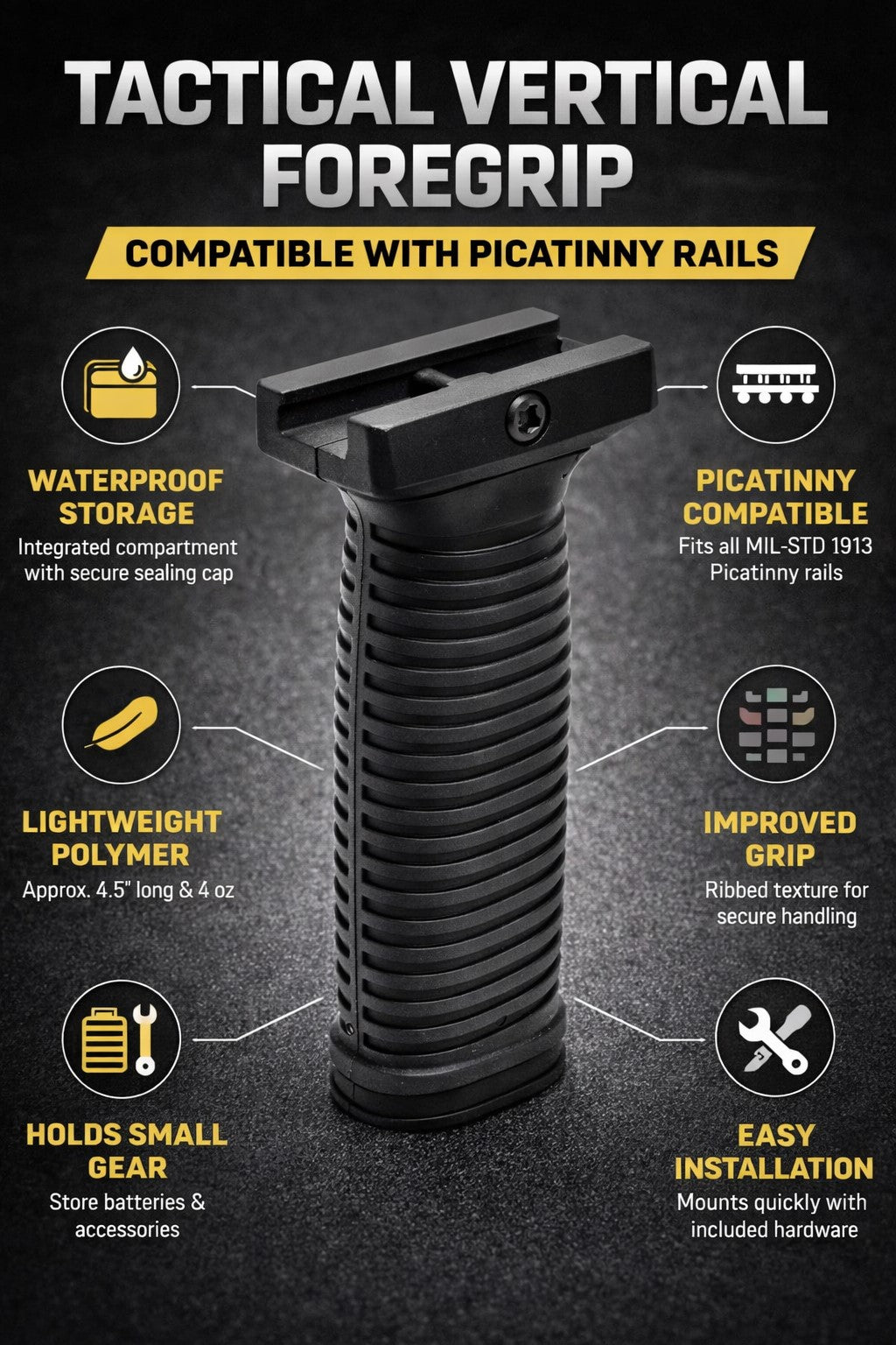 Tactical Vertical Foregrip with Storage for Black Aces FD12 Picatinny Rail Polymer Grip Black
