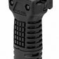 A black tactical handguard with a textured grip and a patented clip design, shown on a solid white background.