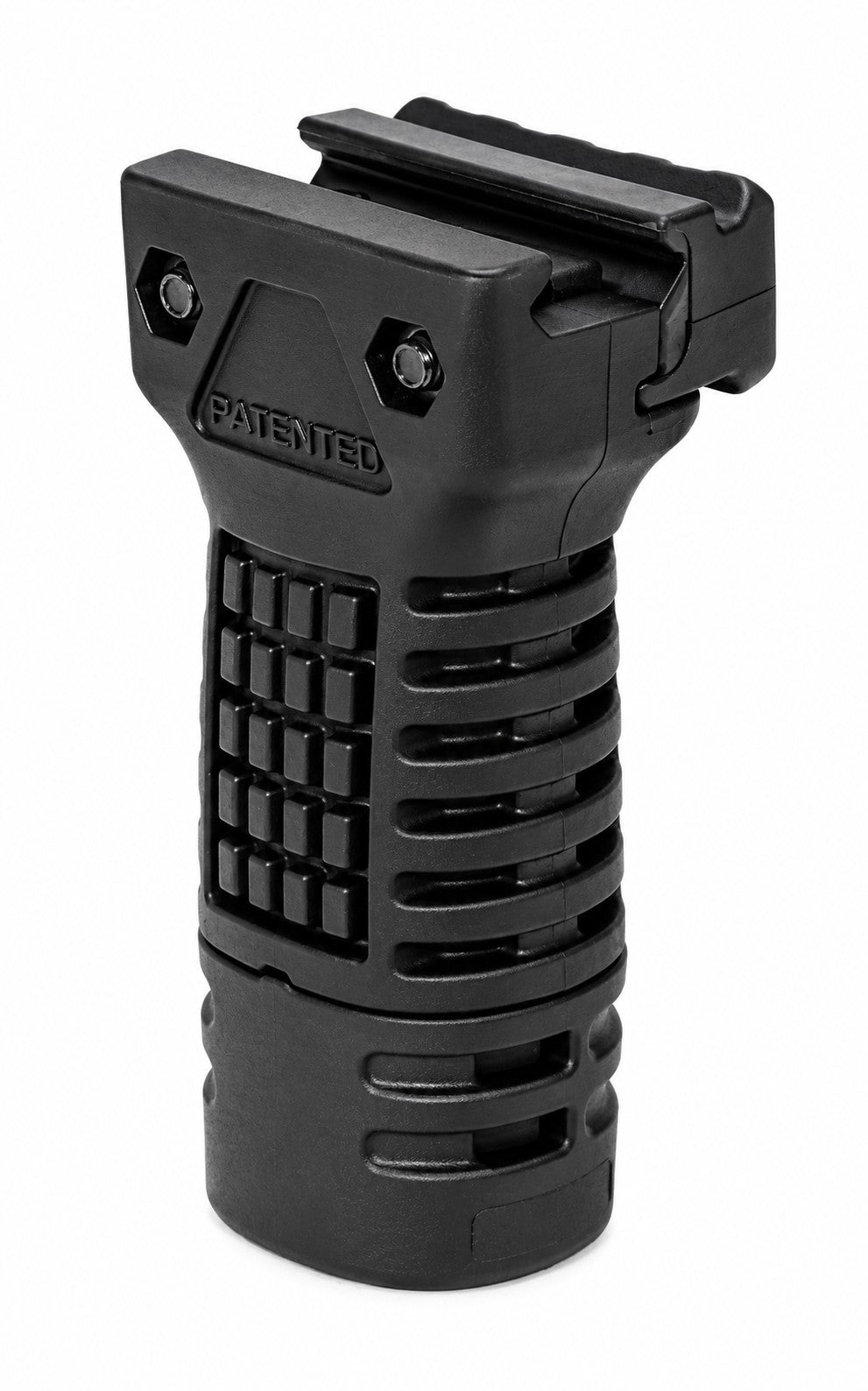 A black tactical handguard with a textured grip and a patented clip design, shown on a solid white background.