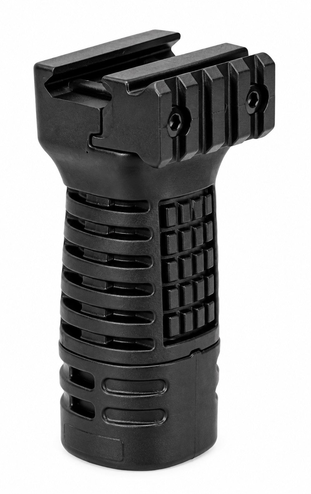 A black tactical flashlight grip with a textured handle and a quick-release top, shown on a plain white background.