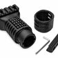 Black tactical handguard accessory kit with a textured cylindrical handguard, a mounting ring, a small Allen wrench, and a black plastic clip, shown on a white background.