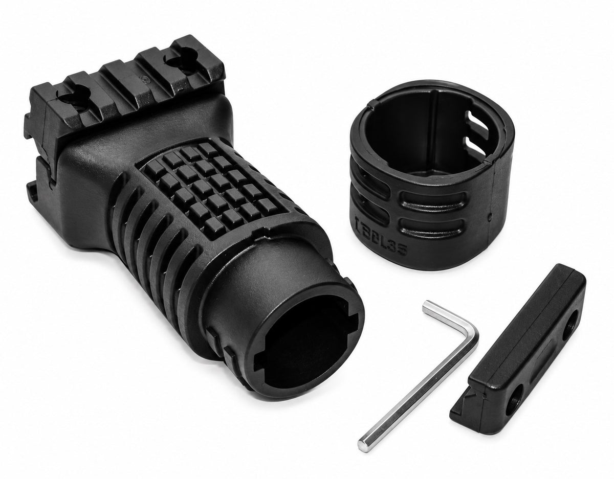 Black tactical handguard accessory kit with a textured cylindrical handguard, a mounting ring, a small Allen wrench, and a black plastic clip, shown on a white background.