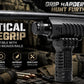 A black vertical foregrip handlebar grip shown mounted on a rifle barrel, with marketing text reading 'VERTICAL FOREGRIP' and 'GRIP HARDER HUNT FURTHER.' The background is a blurred outdoor hunting scene with rifles and gear, and the image includes feature icons and a 'Built for Real Hunters' mark.