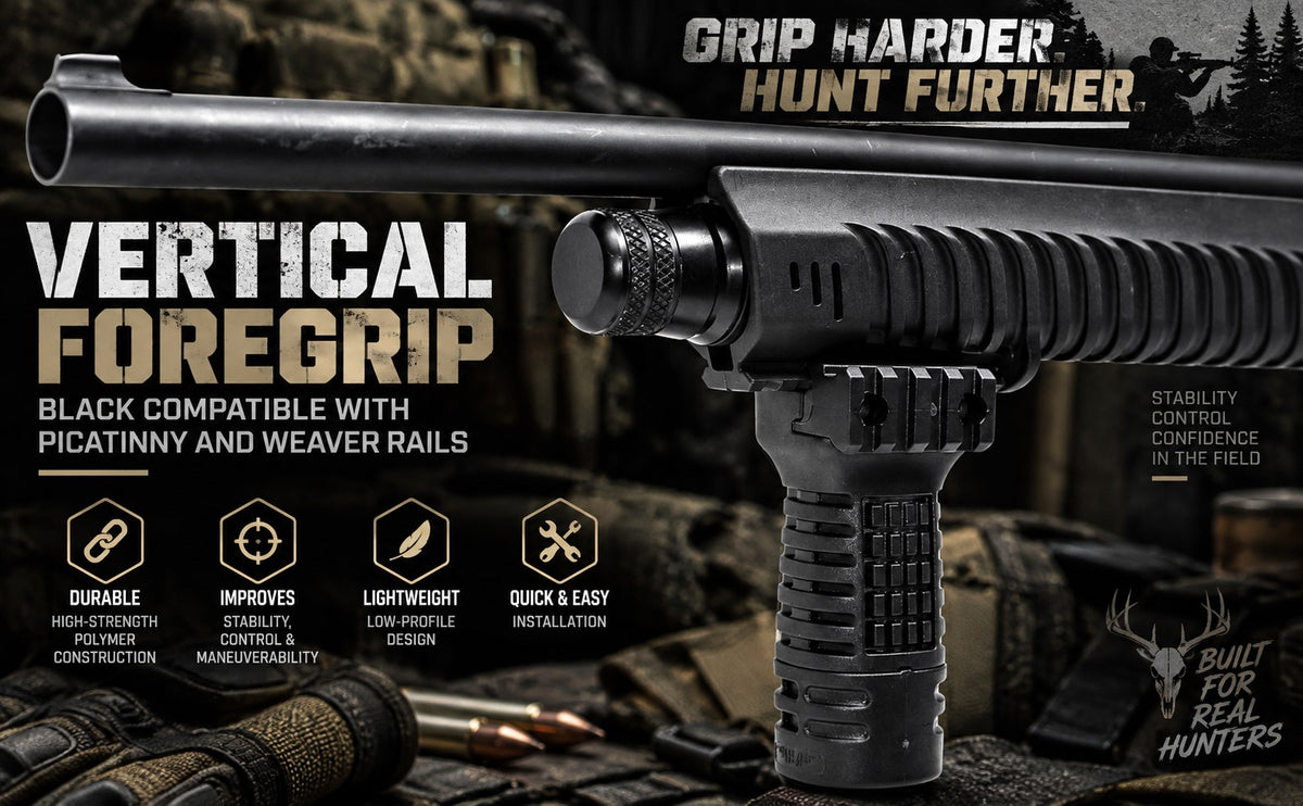 A black vertical foregrip handlebar grip shown mounted on a rifle barrel, with marketing text reading 'VERTICAL FOREGRIP' and 'GRIP HARDER HUNT FURTHER.' The background is a blurred outdoor hunting scene with rifles and gear, and the image includes feature icons and a 'Built for Real Hunters' mark.