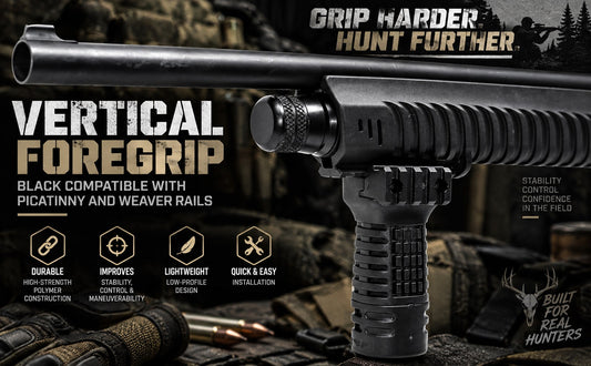 A black vertical foregrip handlebar grip shown mounted on a rifle barrel, with marketing text reading 'VERTICAL FOREGRIP' and 'GRIP HARDER HUNT FURTHER.' The background is a blurred outdoor hunting scene with rifles and gear, and the image includes feature icons and a 'Built for Real Hunters' mark.