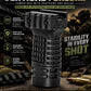 A black vertical foregrip handguard shown prominently on a dark promotional background with text callouts, a soldier silhouette, and bullet shells. The product is labeled as compatible with shotguns and rifles and fits Mil-Std, Picatinny, Weaver, and universal rails.