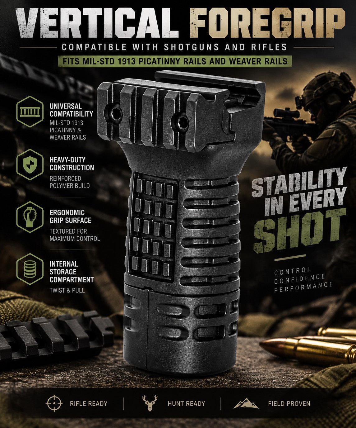 A black vertical foregrip handguard shown prominently on a dark promotional background with text callouts, a soldier silhouette, and bullet shells. The product is labeled as compatible with shotguns and rifles and fits Mil-Std, Picatinny, Weaver, and universal rails.