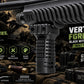 A black tactical vertical foregrip handlebar grip shown mounted on a rifle foregrip, with promotional text and tactical gear in a dark outdoor-style background. Visible text includes 'VERTICAL FOREGrip BLACK WITH A SIDE RAIL' and feature icons for lightweight, precision fit, easy installation, and black finish.