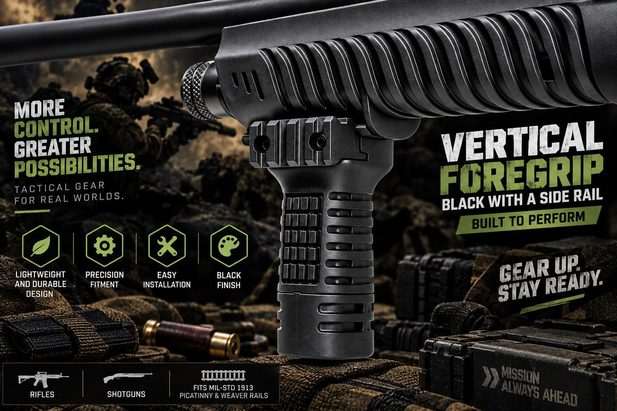 A black tactical vertical foregrip handlebar grip shown mounted on a rifle foregrip, with promotional text and tactical gear in a dark outdoor-style background. Visible text includes 'VERTICAL FOREGrip BLACK WITH A SIDE RAIL' and feature icons for lightweight, precision fit, easy installation, and black finish.