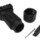 Black plastic mounting accessory kit with a textured cylindrical handle, a black ring, a small silver hex key, and a black rectangular piece on a white background.