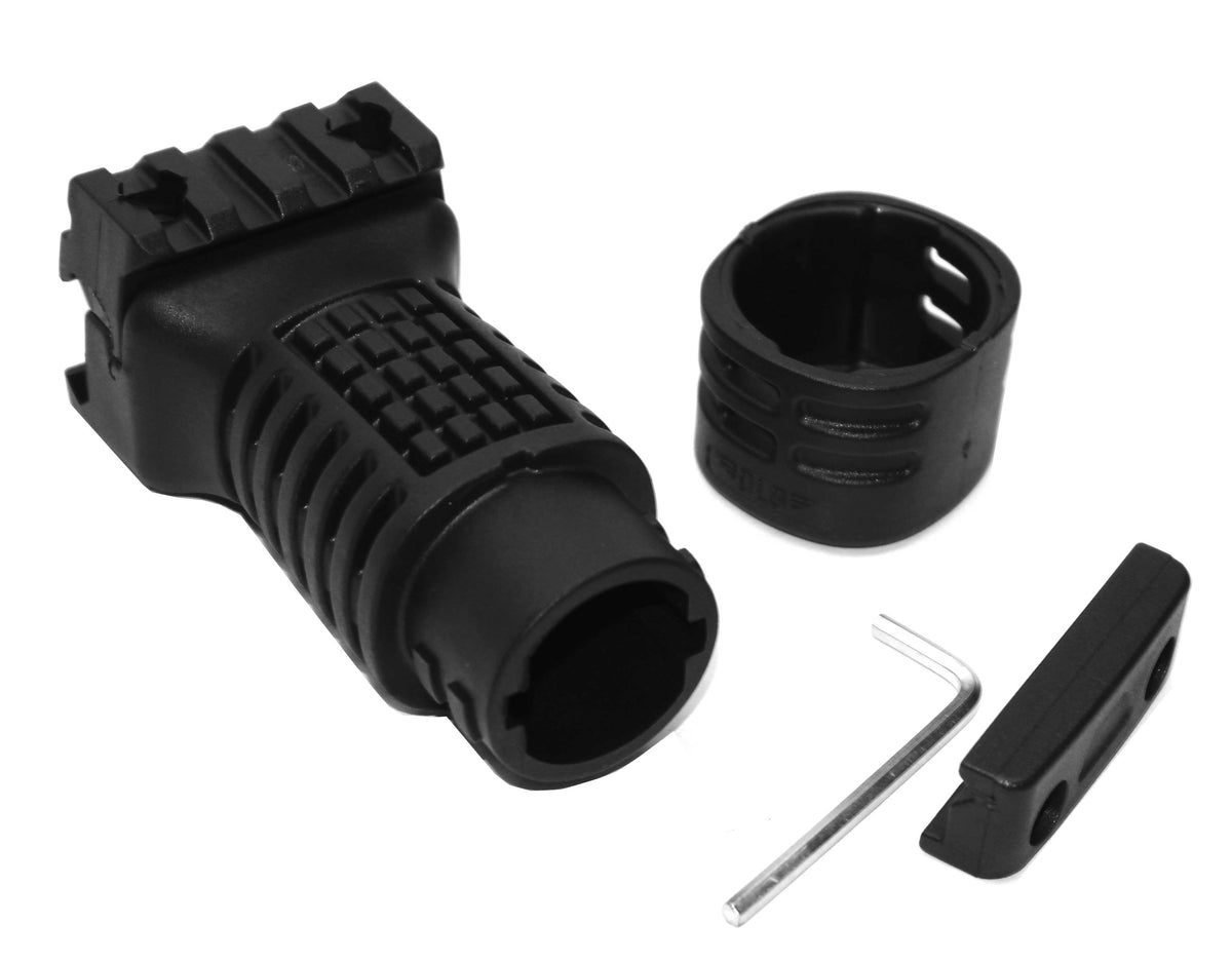 Black plastic mounting accessory kit with a textured cylindrical handle, a black ring, a small silver hex key, and a black rectangular piece on a white background.