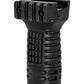 A black tactical handguard with a textured grip and mounting slots, shown on a solid white background.