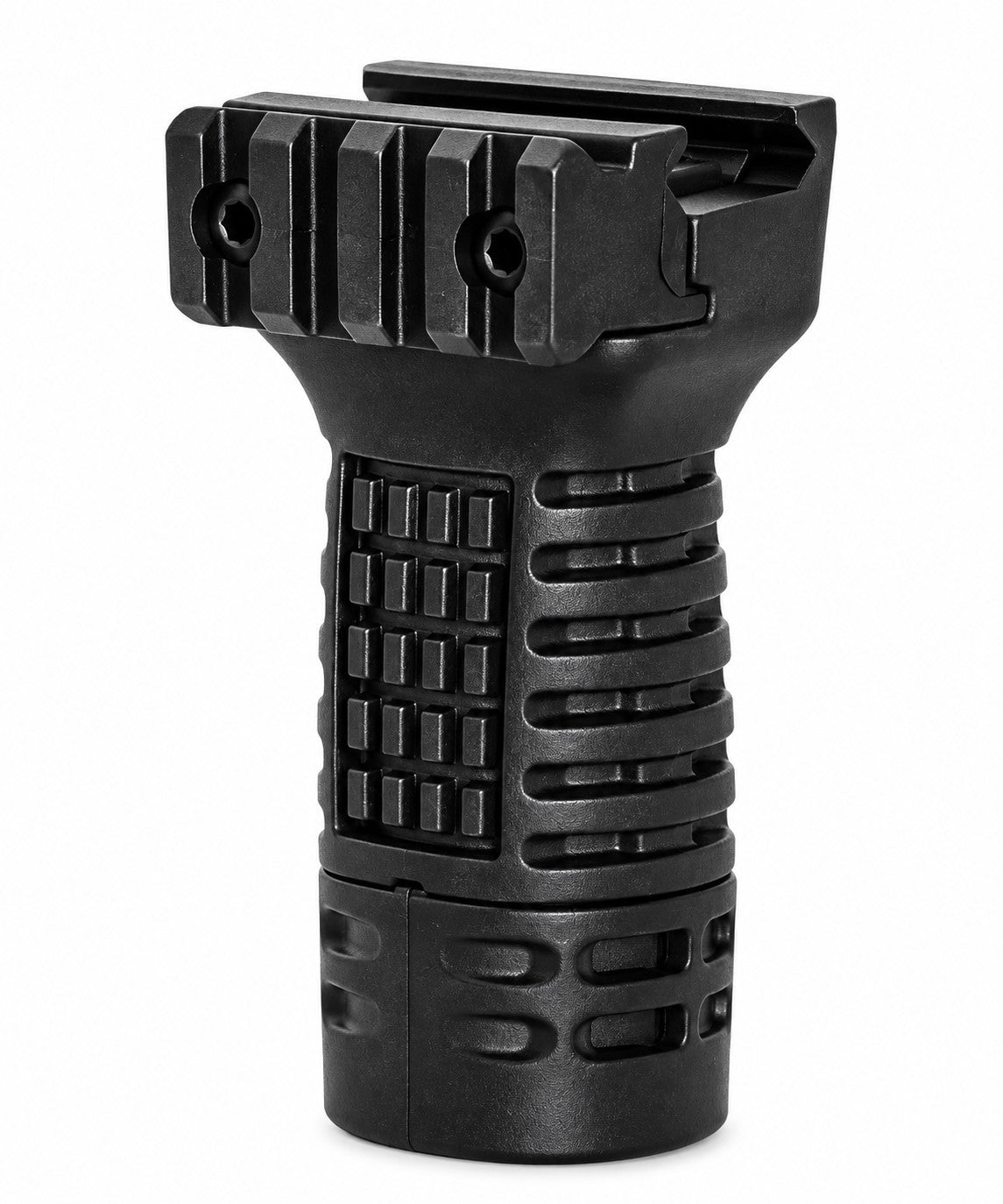 A black tactical handguard with a textured grip and mounting slots, shown on a solid white background.
