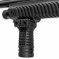 Close-up of a black tactical firearm accessory showing a ribbed handguard attachment and textured vertical grip on a white background.