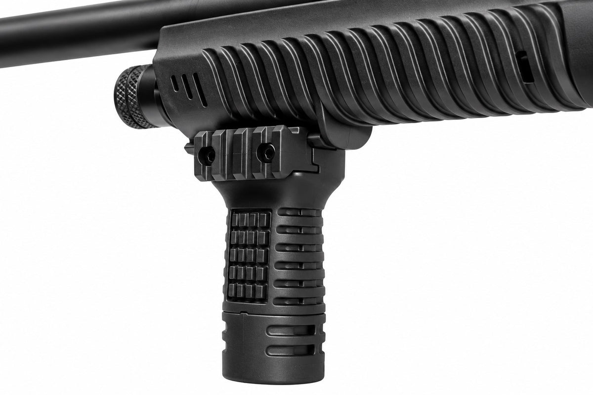 Close-up of a black tactical firearm accessory showing a ribbed handguard attachment and textured vertical grip on a white background.