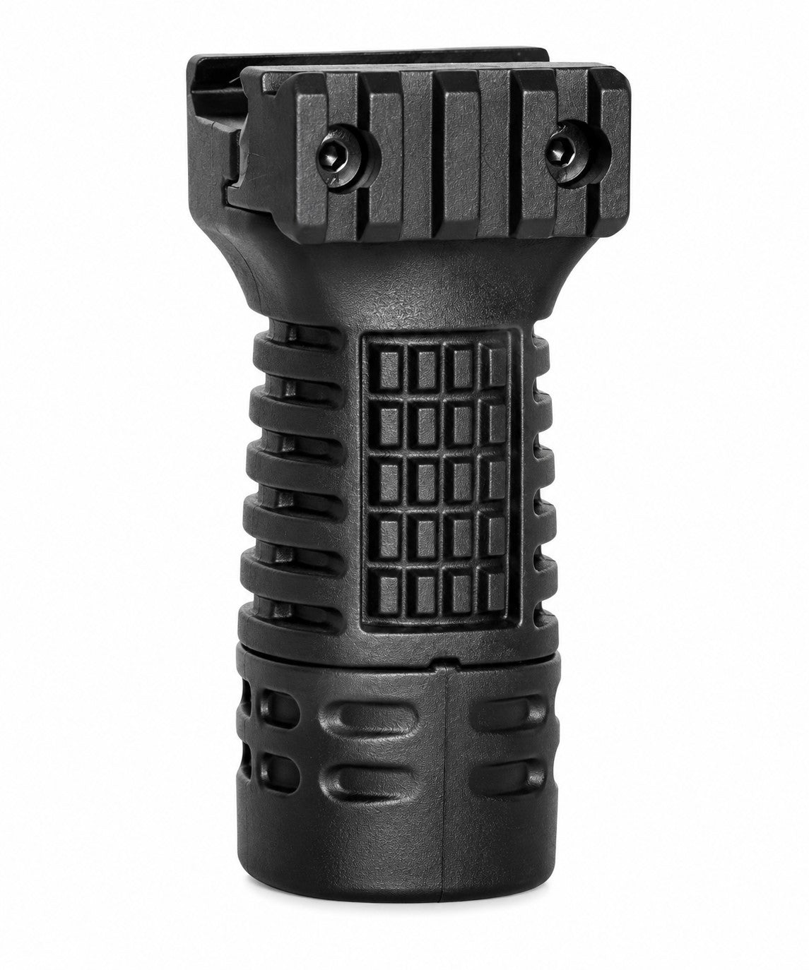 A black tactical handguard or rail attachment with textured grip patterns and two screw holes on the top, shown on a plain white background.