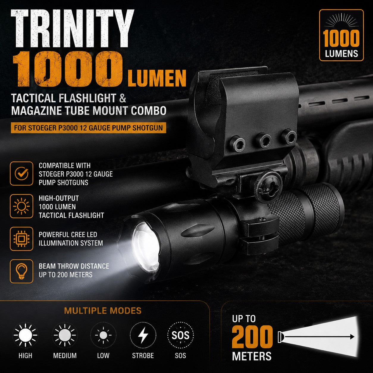 TRINITY 1000 Lumen Tactical Flashlight & Magazine Tube Mount Combo for Stoeger P3000 12 Gauge Pump Shotgun
