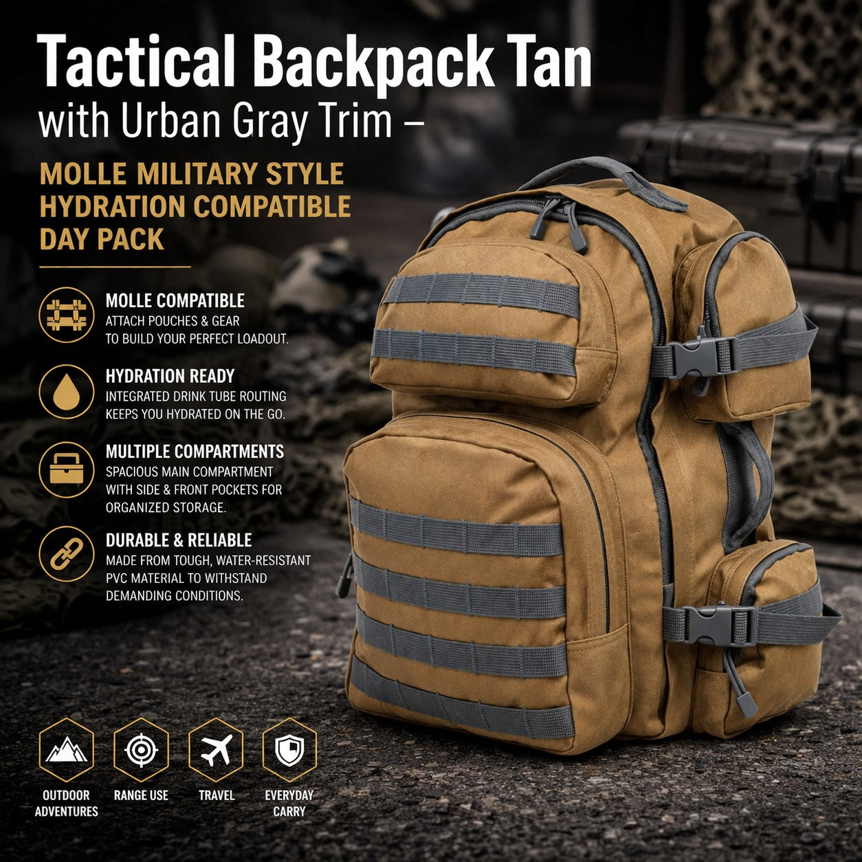 Tactical Backpack Tan with Urban Gray Trim – MOLLE Military Style Hydration Compatible Day Pack