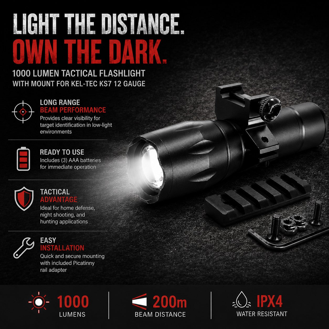TRINITY 1000 Lumen Tactical Flashlight with Mount for Kel-Tec KS7 12 Gauge – LED Shotgun Light w/ Picatinny Rail Adapter