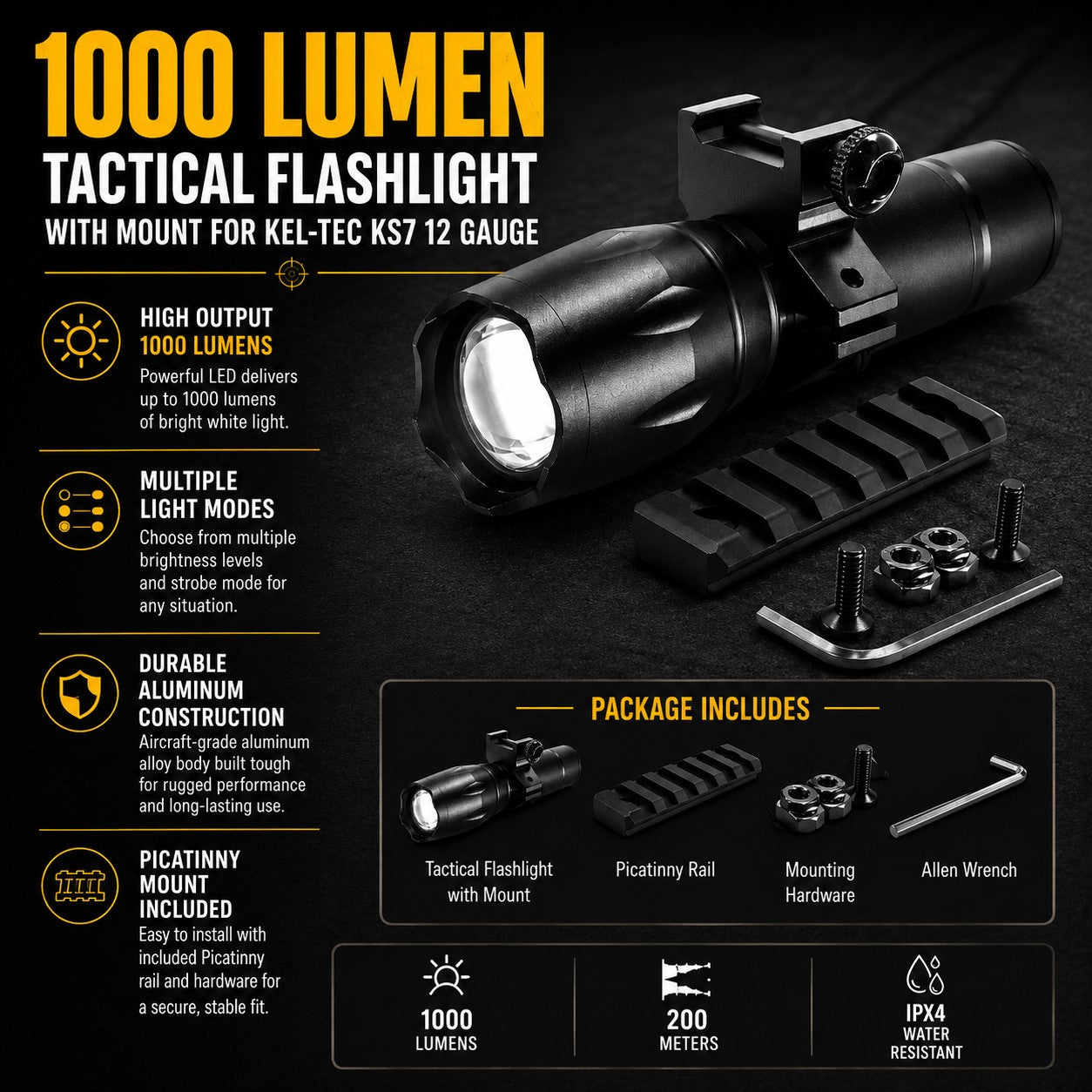 TRINITY 1000 Lumen Tactical Flashlight with Mount for Kel-Tec KS7 12 Gauge – LED Shotgun Light w/ Picatinny Rail Adapter