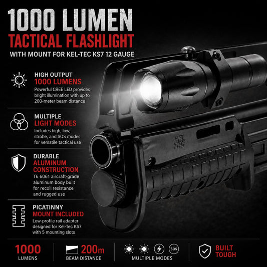 TRINITY 1000 Lumen Tactical Flashlight with Mount for Kel-Tec KS7 12 Gauge – LED Shotgun Light w/ Picatinny Rail Adapter