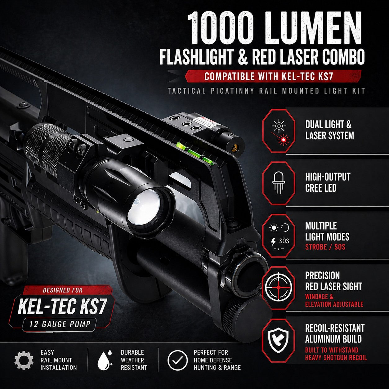 Trinity 1000 Lumen Flashlight & Red Laser Combo Compatible with Kel-Tec KS7 – Tactical Picatinny Rail Mounted Light Kit